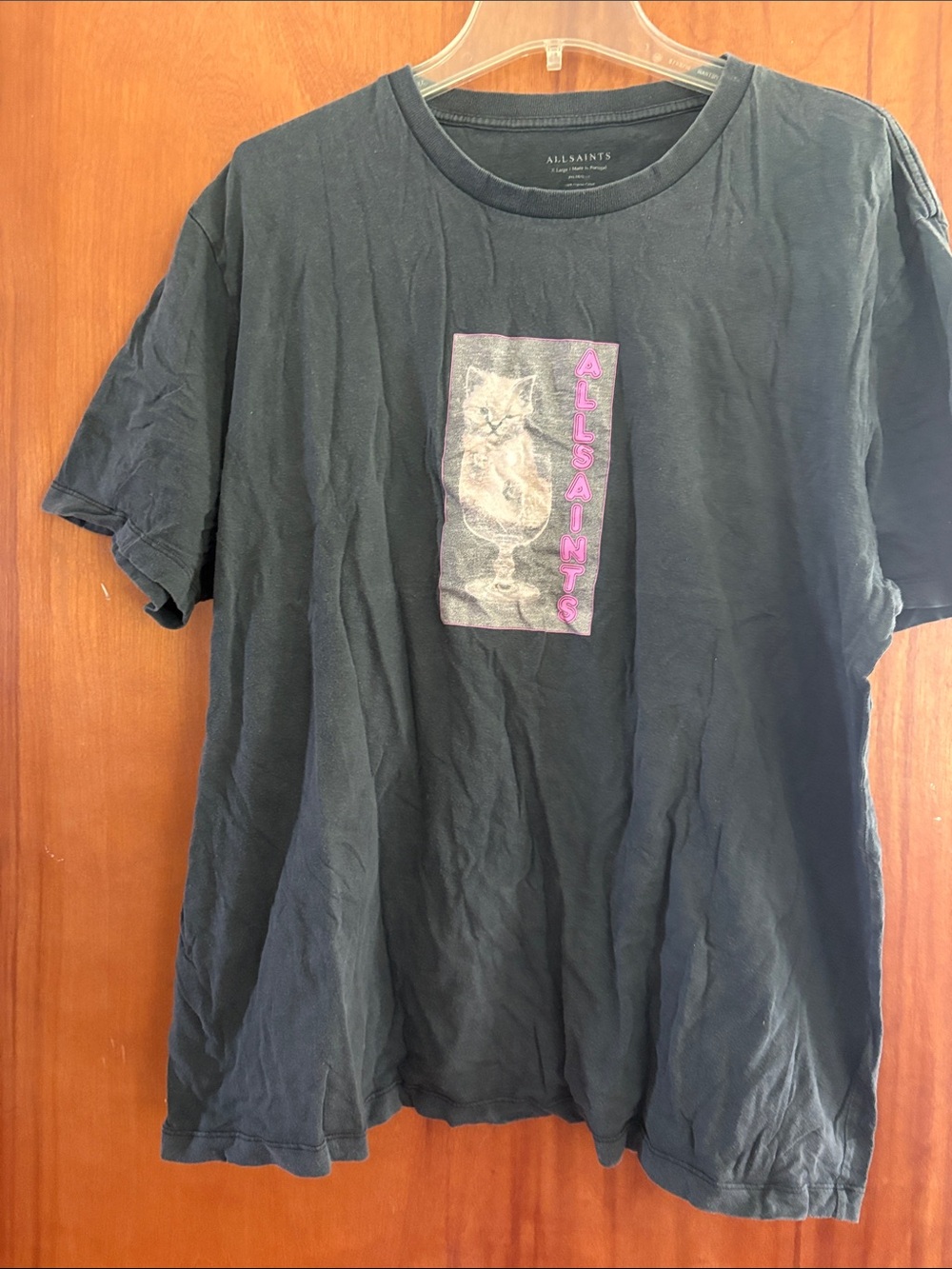 All Saints Black Short-Sleeve T-Shirt with Cat Graphic and Pink Logo